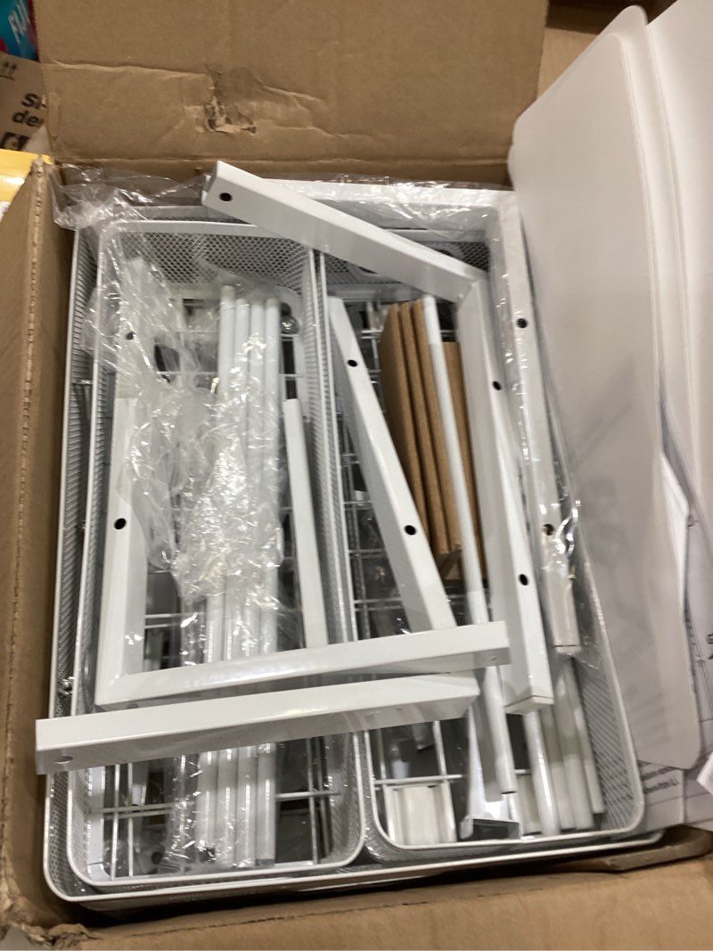 Condition photo showing As Is for Kitstorack Under Sink Organizer, 2-Pack 3-Tier Height Adjustable Thickened Metal Pull out Cabinet Organizer Shelf, Slide out Storage Drawer Rack for Bathroom Kitchen Pantry Home Laundry Organization White 2 Pack