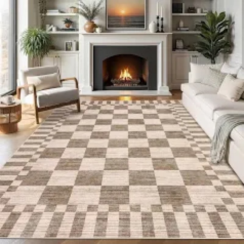 garveehome brown checkered rug 6×9 area rugs for living room,non-slip geometric tan brown print wash