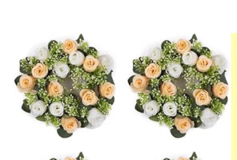 NUPTIO Artificial Flowers Candle Rings - 6 Pcs 14 inch Diam Large Champagne & White Fake Roses Wreat