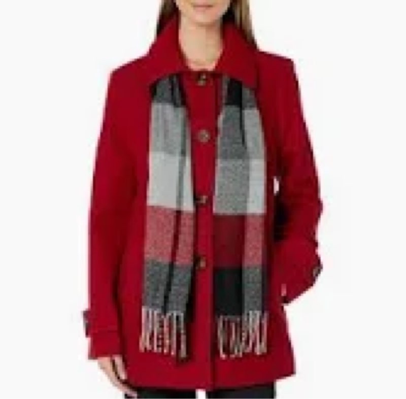 London Fog Women's Single-Breasted Wool Blend Coat with Scarf, Red, SM