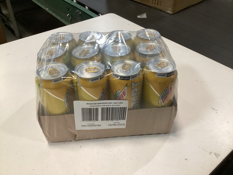 Condition photo showing New/Like New for Mountain Dew Kickstart, Pineapple Orange Mango, 90mg Caffeine, Vitamins B & C, 80 Calories, 10% Juice, 16 fl oz (Pack of 12) Pineapple Orange Mango 16 Fl Oz (Pack of 12)