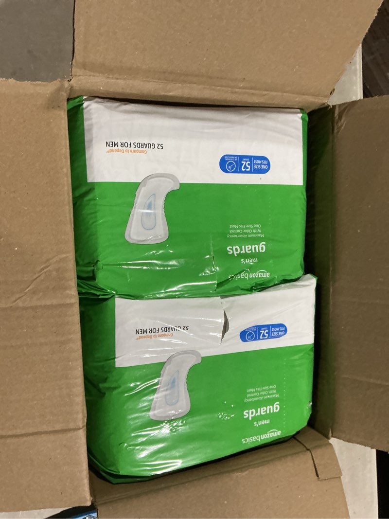 Condition photo showing Good Condition for amazon basics men's incontinence guards, maximum absorbency, moisture-wicking with odor protection, one size fits most, 104 count (2 packs of 52)