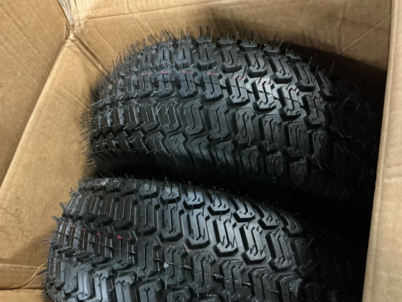 Condition photo showing As Is for 15x6.00-6 lawn mower tires, 15x6-6 tire and wheel, 3" centered hub, 3/4" bearings, 4 ply tubeless, riding lawn mower and tractor front tires, compatible with craftsman john deere, 570lbs capacity 15x6.00-6 2p gray?centered hub?