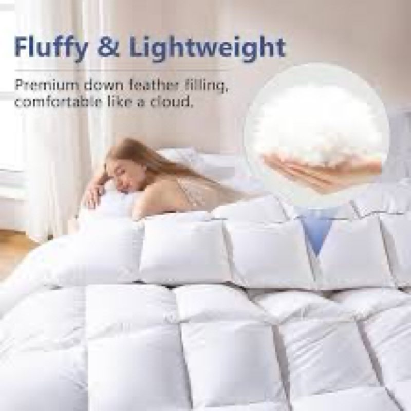 DOWNCOOL Feather Comforter Queen Size, White Fluffy Duvet Insert Queen with Ultra Soft 100% Cotton C