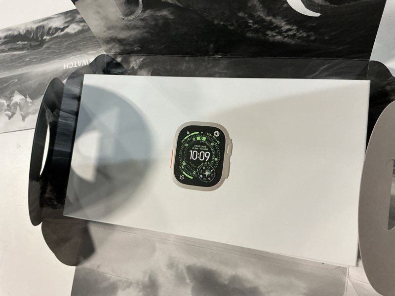 Condition photo showing New/Like New for apple watch ultra 3 [gps + cellular 49mm] running & multisport smartwatch w/rugged titanium case w/anchor blue ocean band. satellite communications, advanced health & fitness tracking natural titanium case with anchor blue ocean band one size without applecare+