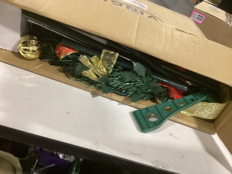 Condition photo showing Good Condition for VINGLI 6ft Pre lit Pop Up Christmas Tree with Lights, Pre-Decorated Artificial Pencil Xmas Tree Collapsible Christmas Tree Holiday Party Decorations (Red&Gold) 6FT Red & Gold