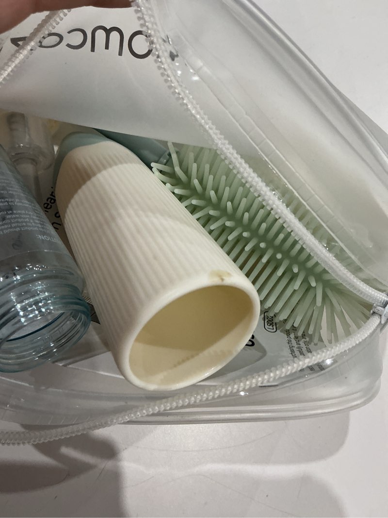 Condition photo showing As Is for momcozy bottle brush kit, innovative push-press design for better cleaning - baby bottle cleaner brush for baby bottle, breast pumps, nipples, and more - can generate foam for better cleaning, green press bubble style green