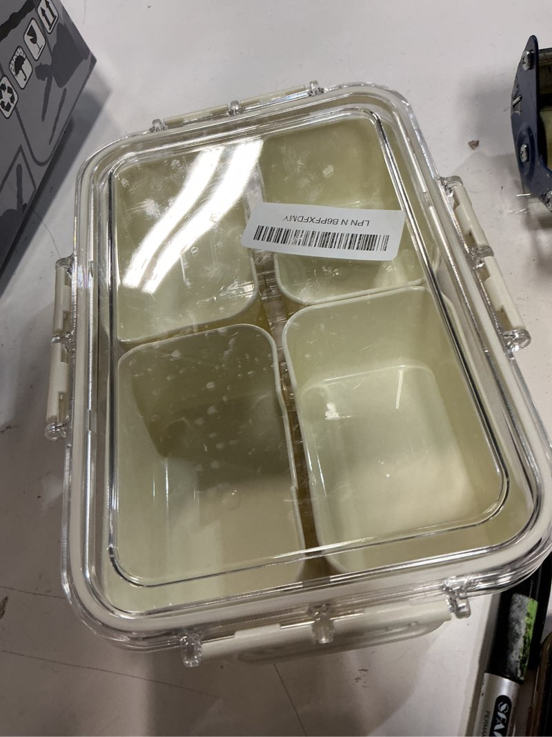 Condition photo showing As Is for small snackle box container, divided serving tray with lid, 4 compartment snack box container for candy, fruits, charcuterie, travel & parties, bpa-free, 2 pack cream 2 pack