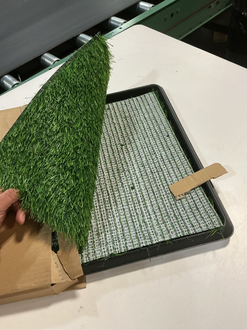 Condition photo showing As Is for LOOBANI Dog Grass Pad with Tray - Dog Litter Box - Indoor Potty for Apartment and Patio Training - with 2 Packs Grass Pee Pads for Replacement, 16×20 Inch Tray Potty 16*20inch