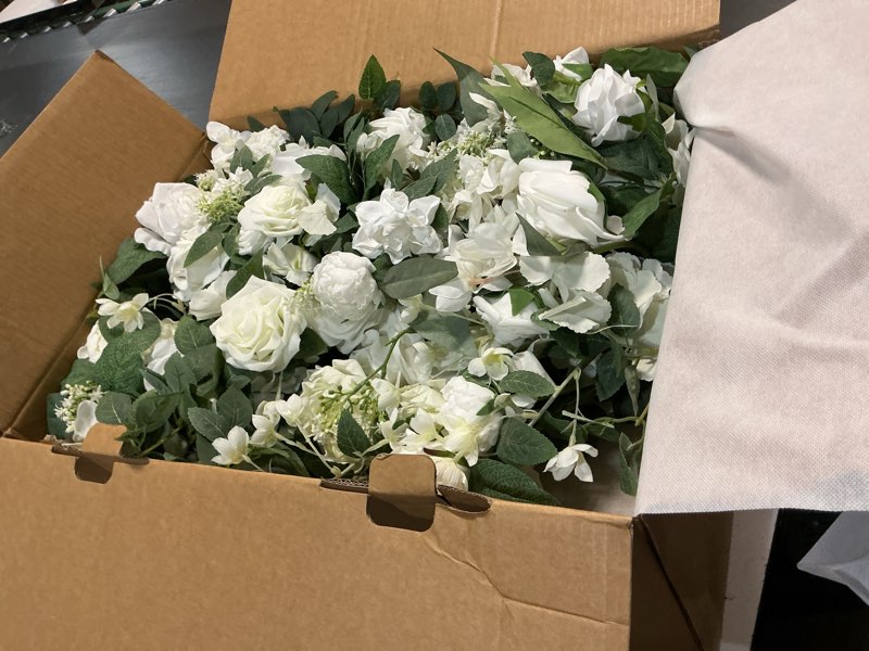 Condition photo showing Good Condition for ling's moment wedding arch backdrop stand with flowers - 7.2ft, 6ft double metal arch frame with drapes for ceremony decoration - bridal shower, artificial floral birthday, set of 2, white ivory green wht-white & sage