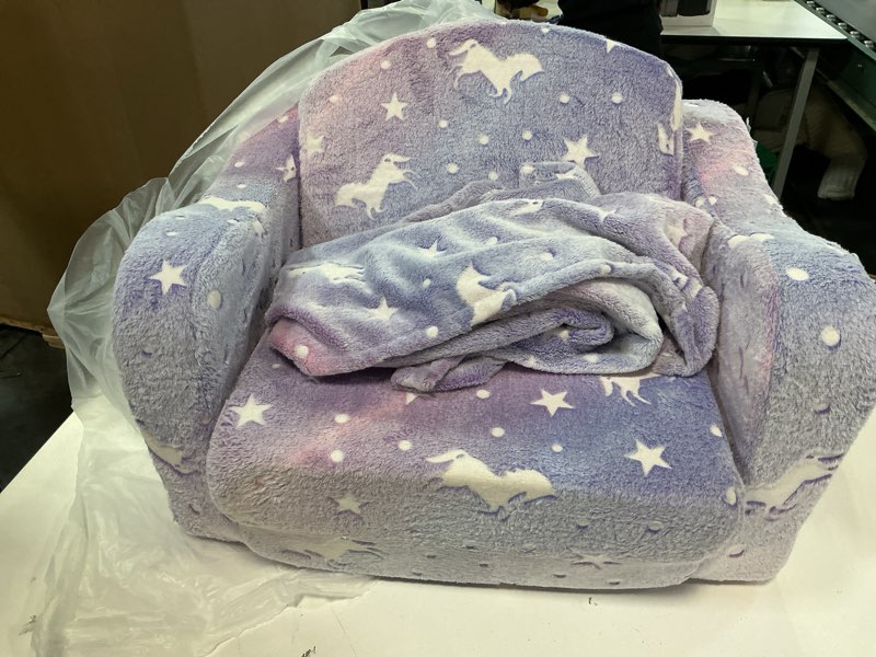 Condition photo showing As Is for Comfy Toddler Couch and Chair for Kids with Blanket, 2-in-1 Soft Plush Fold Out Kids Sofa Chairs for Girls and Boys, Convertible Sofa to Lounger for Playroom Purple