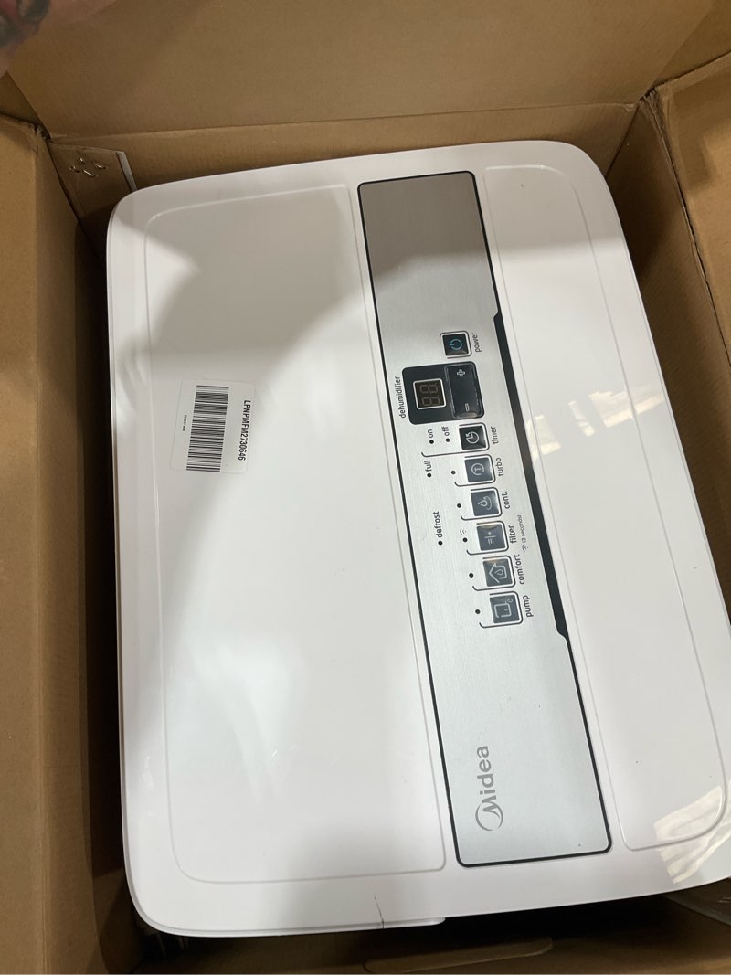 Condition photo showing As Is for midea 4,500 sq. ft. dehumidifier with pump included, 50 pint - ideal for basements, large & medium sized rooms, and bathrooms (white) 4,500 sq. ft. with pump - wifi