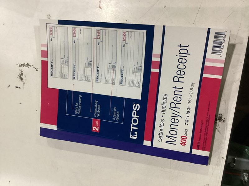 Condition photo showing Good Condition for tops money/rent receipt book, 2-part, carbonless, 11 x 5.25 inches, 4 receipts/page, 200 sets per book (4161) , white