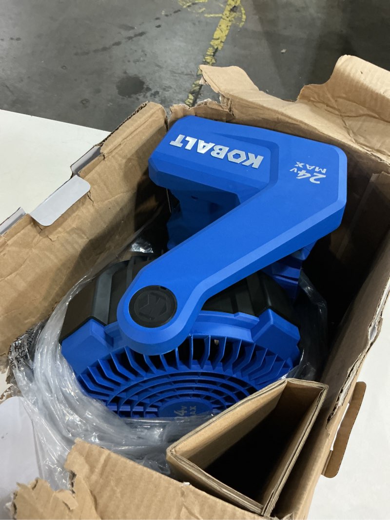 Condition photo showing As Is for  kobalt 7-in high velocity indoor/outdoor personal fan, battery powered, in blue