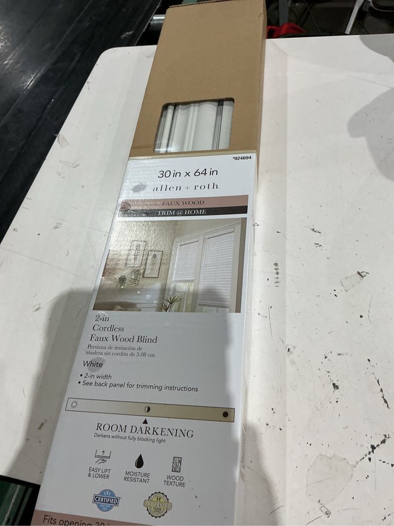 Condition photo showing As Is for allen + roth trim at home 2-in slat width 30-in x 64-in cordless white faux wood room darkening horizontal blinds