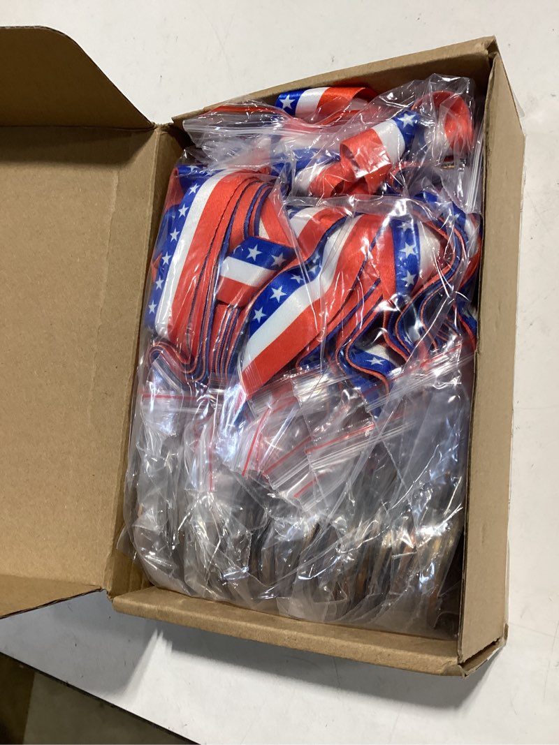 Condition photo showing As Is for 30 pieces patriotic medals gold medals bulk trophy with neck ribbons spirit medallion with stars stripes american flag for sports trophy participation winner gift baseball
