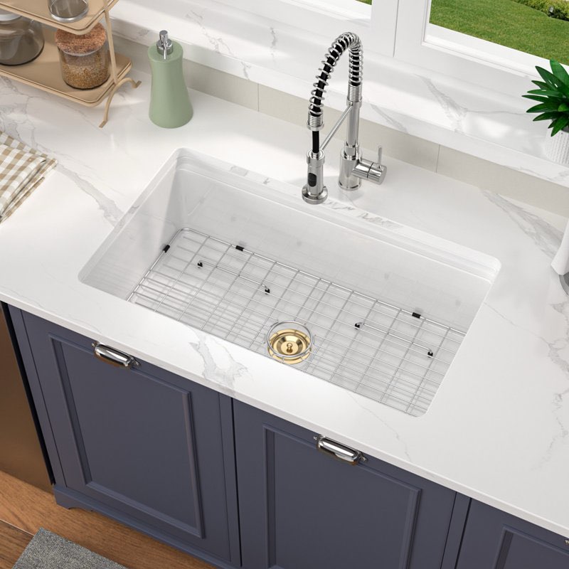33\"Lx19\"Wx10\"H White Rectangular Undermount Kitchen Sink Workstation Cersamic Single Bowl Sink with Accessories GCS3319USDG