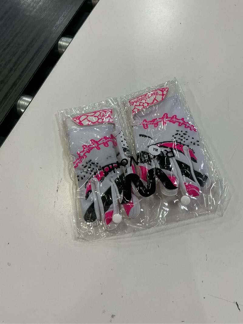 Condition photo showing New/Like New for red world football gloves for youth and adult, sticky receiver gloves for boys, girls and men, enhanced performance for youth and adult football game. youth-medium pink