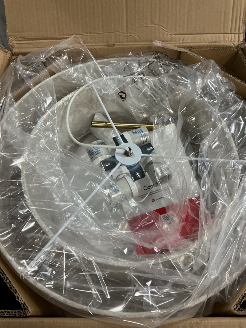 Condition photo showing Good Condition for VONLUCE Modern Chandeliers, 18" Drum Chandeliers with 2-Layer Fabric Shade, 4-Light Pendant Light Fixture with E26 Bases, Light Fixture for Dining Room Bedroom Living Room, Linen Shade & Brass Finish Brushed Gold 18inch