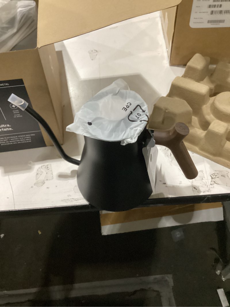 Condition photo showing New/Like New for Fellow Stagg EKG Pro Studio Edition Electric Gooseneck Kettle - Pour-Over Coffee, Tea, Quick Heating, Precise Temperature Control, Scheduling, Built-in Brew Timer-Matte Black with Walnut Handle, 0.9 L