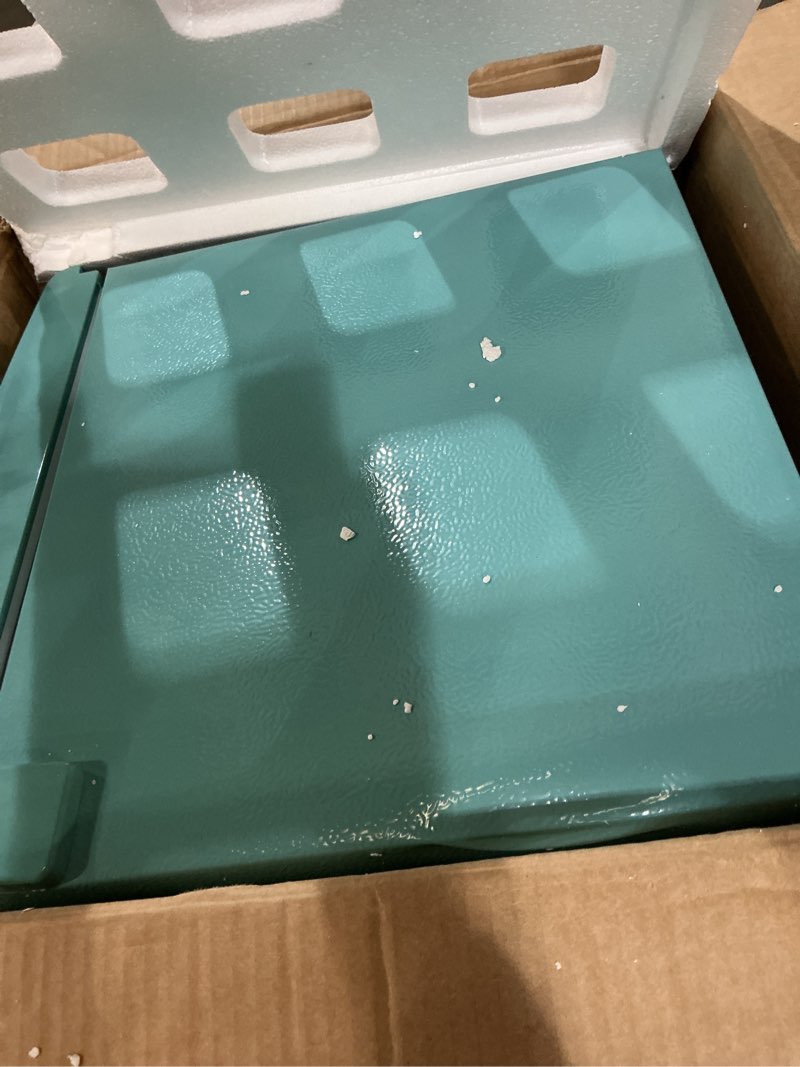 Condition photo showing As Is for retro mini fridge 3.2 cu. ft. apartment size refrigerator with freezer, 7-level adjustable thermostat small retro refrigerator with freezer 2-door vintage compact fridge for dorm office rv, mint blue