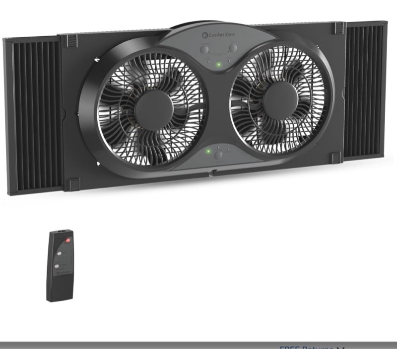 comfort zone 9-inch reversible twin window fan with remote control – 3-speed dual blade fan with exhaust, cooling & circulate modes, expandable width 23.5" to 37", removable bug screen & tabletop feet black 3-speed w/remote