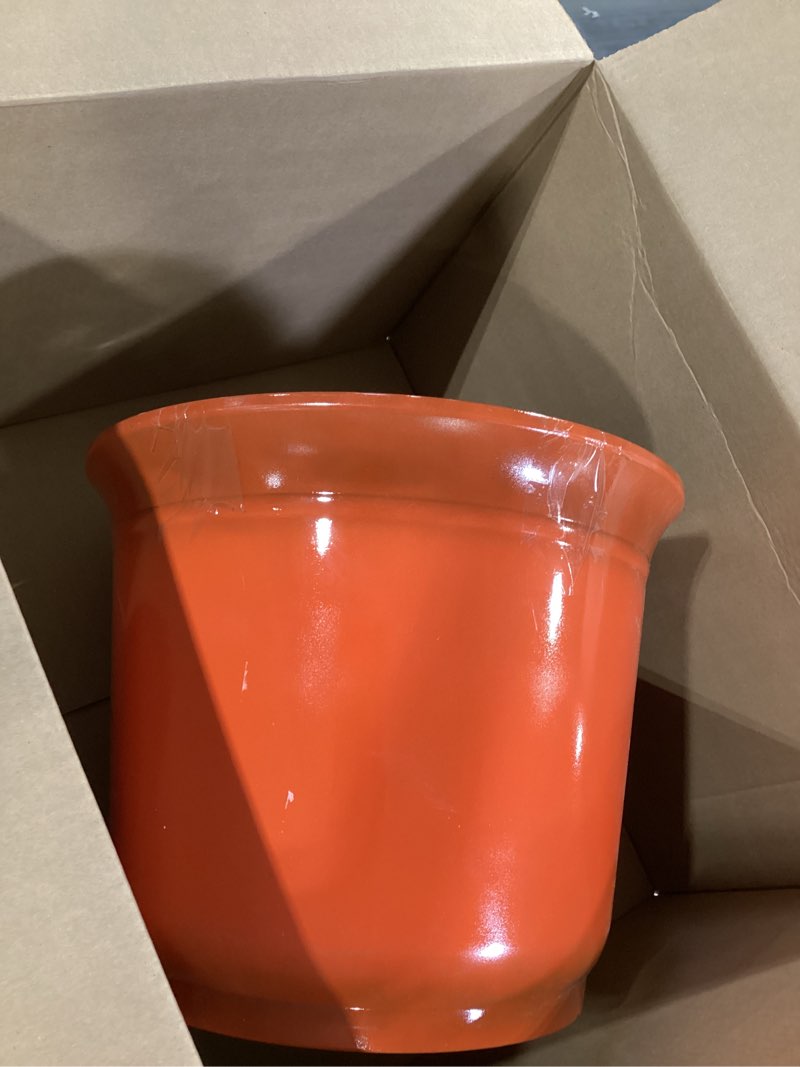 Condition photo showing As Is for 2 pack 18/15 inch large plastic pots for plants, planters for outdoor plants, durable and lightweight flower pots, big outdoor planters weather resistant & uv resistant, orange