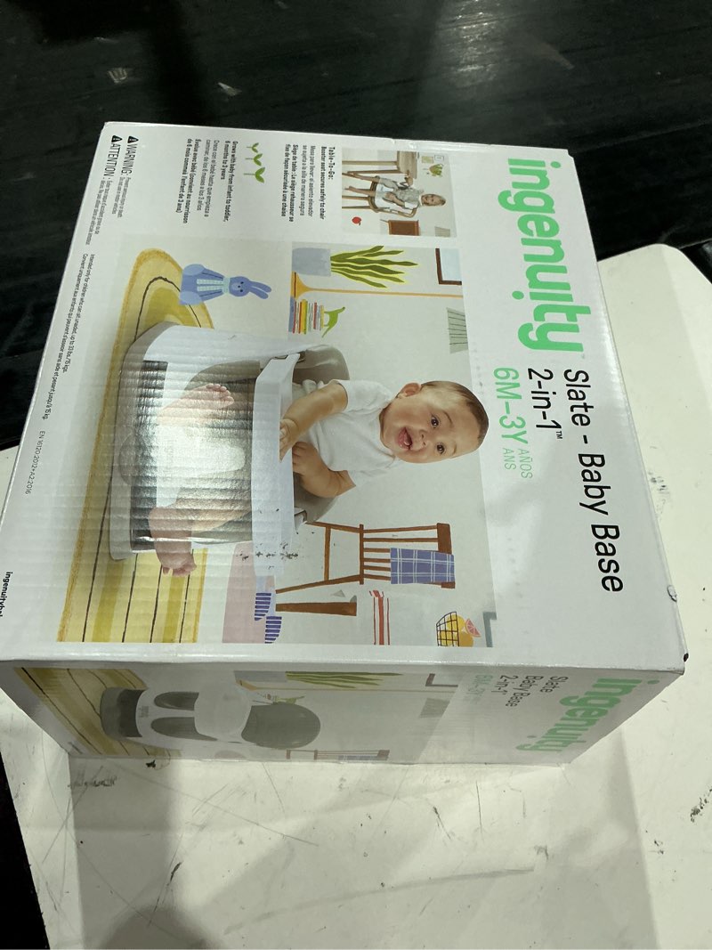 Condition photo showing New/Like New for ingenuity baby base 2-in-1 booster feeding and floor seat with self-storing tray - slate