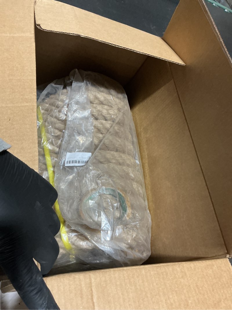 Condition photo showing Good Condition for Natural Jute Rope 1-1/2 in x 50 Ft - Heavy Duty Thick Hemp Rope, Twisted Hemp Ropes for Crafts, Porch Swings, Tug of War, Railings, Nautical Decor, Landscaping & Home DIY Projects 1 1/2 inch x 50 FT