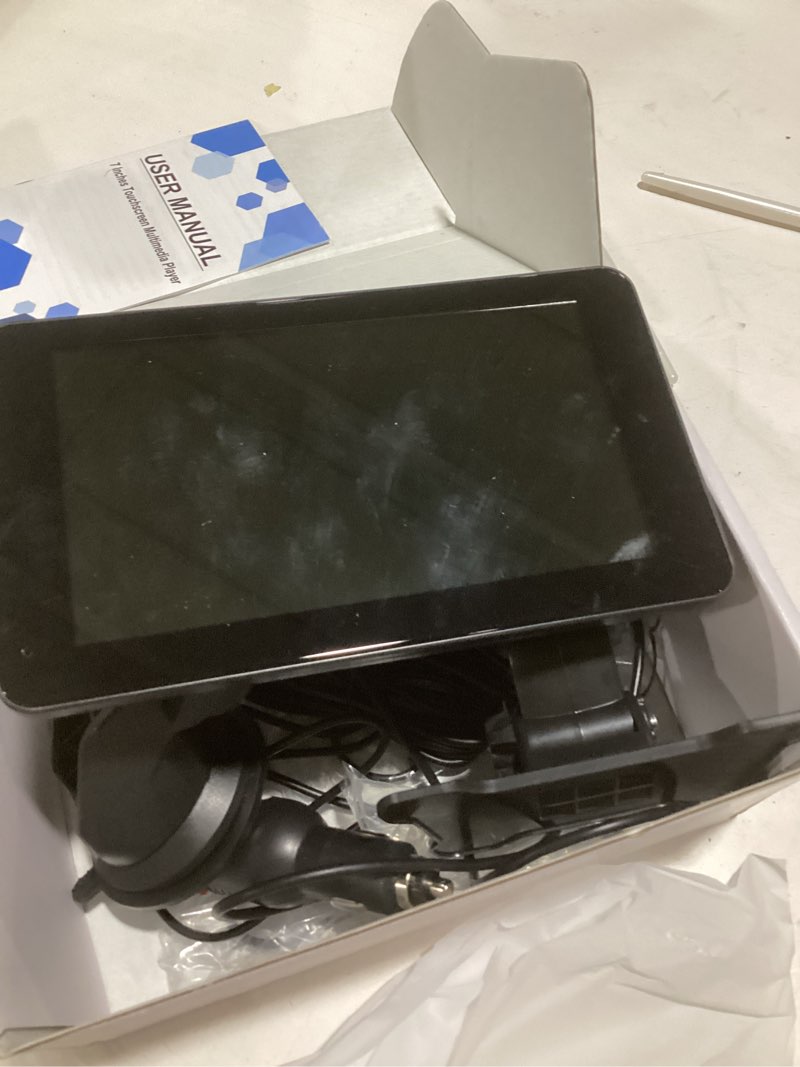Condition photo showing As Is for portable wireless with apple carplay and android auto screen for car, 7" hd touch screen car stereo with mirror link, bluetooth 5.2, backup camera, aux,fm transmitter for all vehicle
