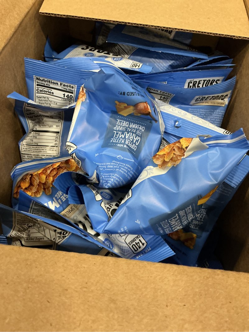 Condition photo showing New/Like New for (best by 11/16/2026) g.h. cretors cheese & caramel popcorn mix (1 oz bags – 40 pack) handcrafted small batch popcorn, gluten free, kosher, no artificial preservatives, convenient individual bags 40 pack 1 ounce (pack of 40)