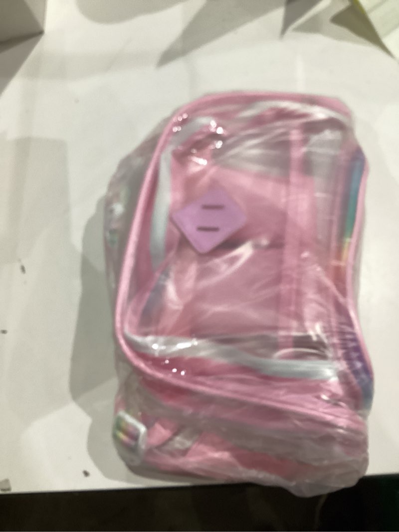 Condition photo showing New/Like New for Clear Backpack for Girls Women Teens, Heavy Duty TPU See-Through Bookbag for School, Work, Travel, College, Includes 2 Transparent Pencil Bags, Pink Clear Bag Pink
