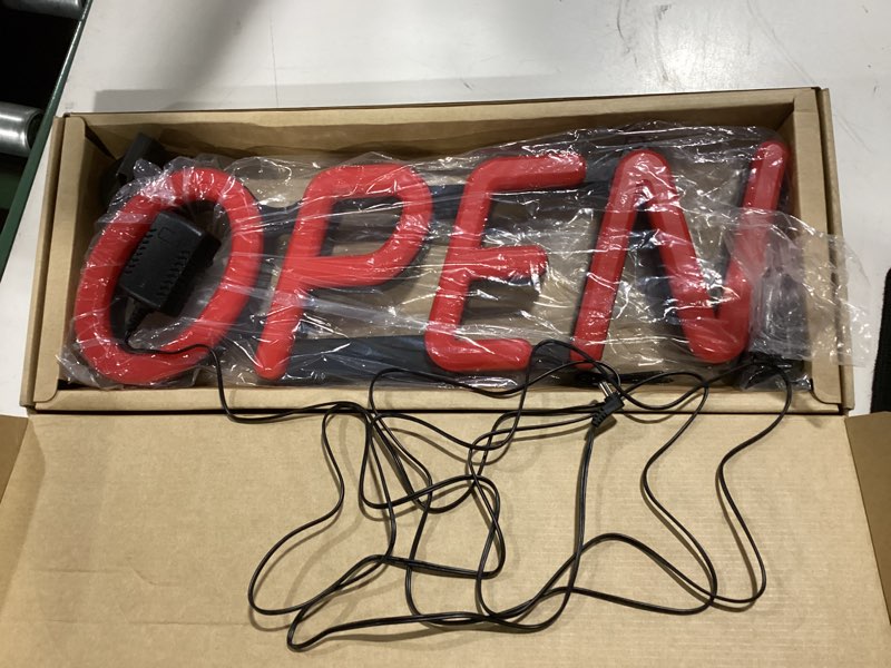 Condition photo showing As Is for 18in red opti neon led open sign for business, injection molded, flash and speed adjustable, 12v less than 10w, easy to install, semi-outdoor use