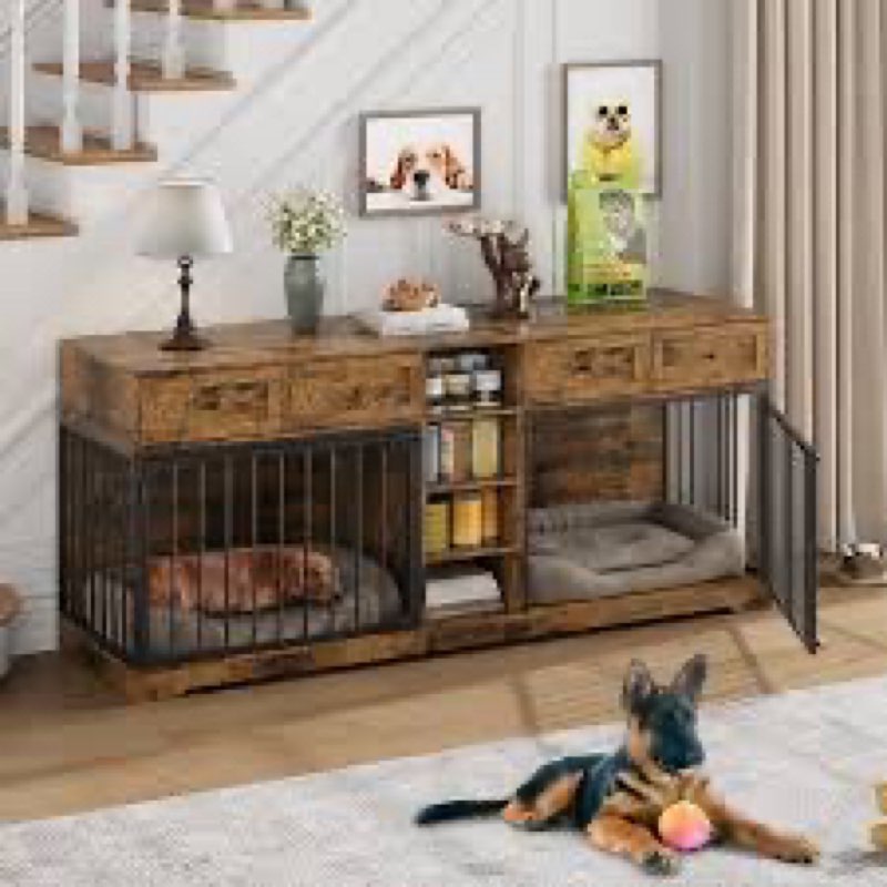 81.9" Double Dog Crate Furniture For 2 Dogs, With 4 Drawers