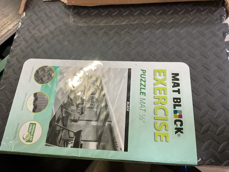 Condition photo showing New/Like New for mat block eva exercise floor mats: interlocking foam tile performance mats - 6 tiles (area: 24 sq ft) 1/2 inch thickness, eva home gym exercise floor mats for all exercises or equipment, black 0.5 inch 6 tiles (24 sq ft) black