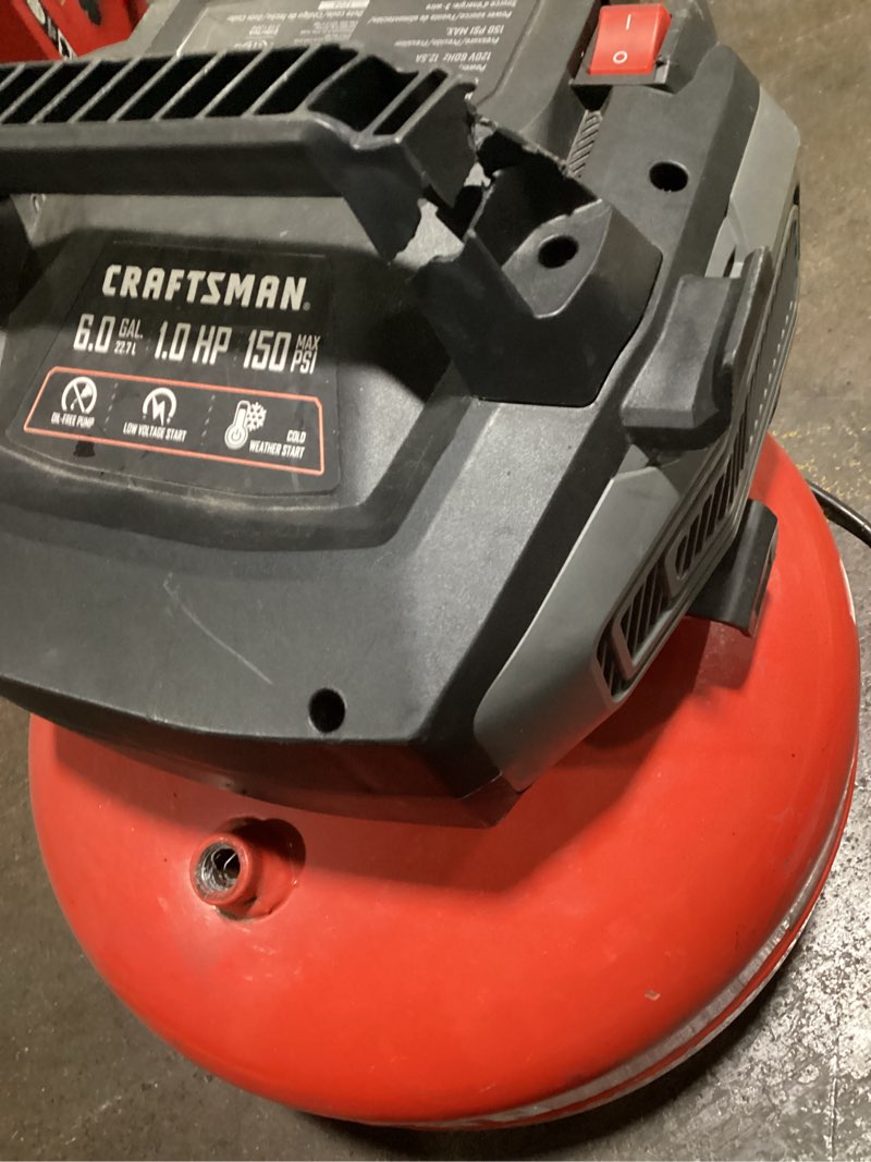 Condition photo showing As Is for craftsman 6-gallon portable electric 150 psi pancake air compressor