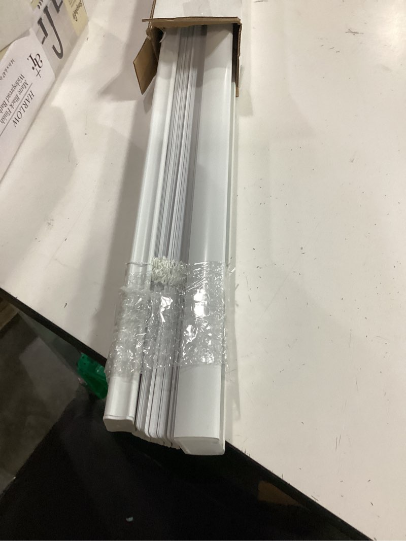 Condition photo showing As Is for project source room darkening 1-in slat width 43-in x 64-in cordless white vinyl room darkening mini-blinds
