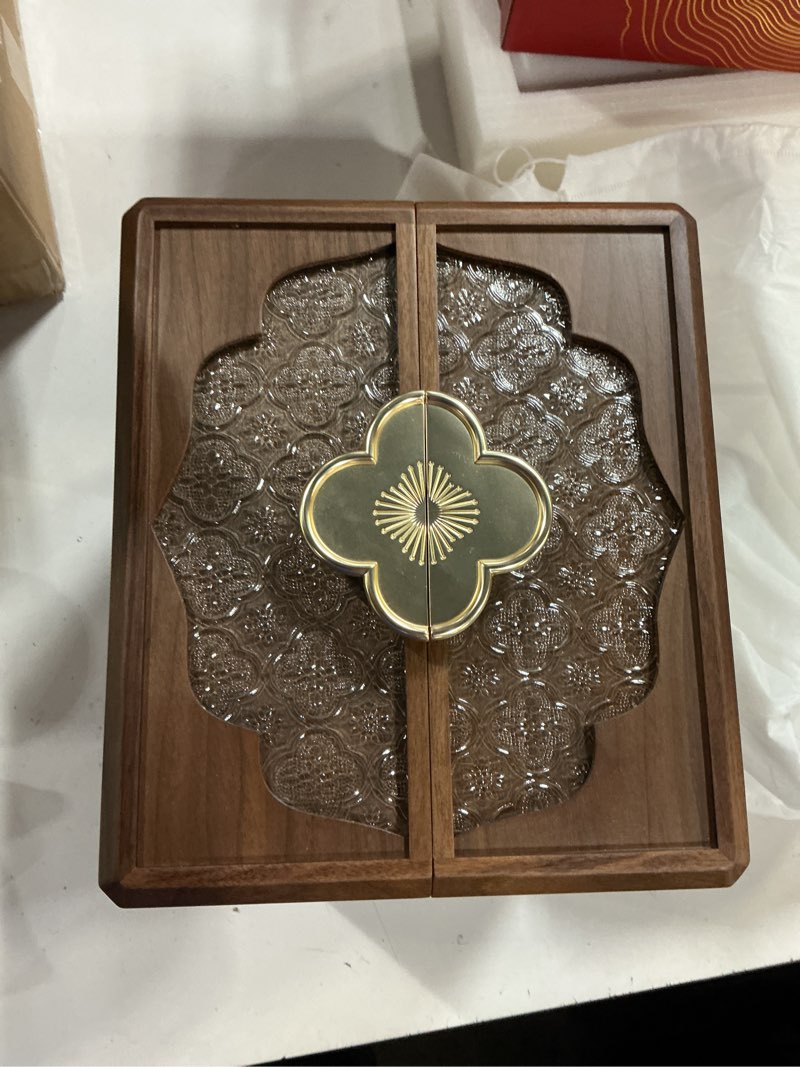 Condition photo showing New/Like New for Double Door Jewelry Box - Black Walnut Wood, Velvet Lining, Gold Handle, Magnetic Closure, Handmade Storage for Rings & Necklaces | 5-Layer, 9.06 inches