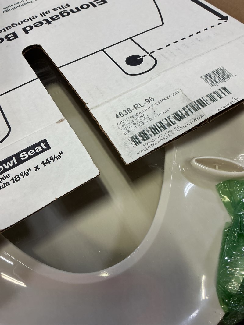 Condition photo showing New/Like New for kohler 4636-rl-96 cachet readylatch elongated toilet seat slow close soft close, toilet seat quiet lid, contoured grip-tight bumpers installation hardware, apartment essentials, biscuit biscuit elongated ready latch