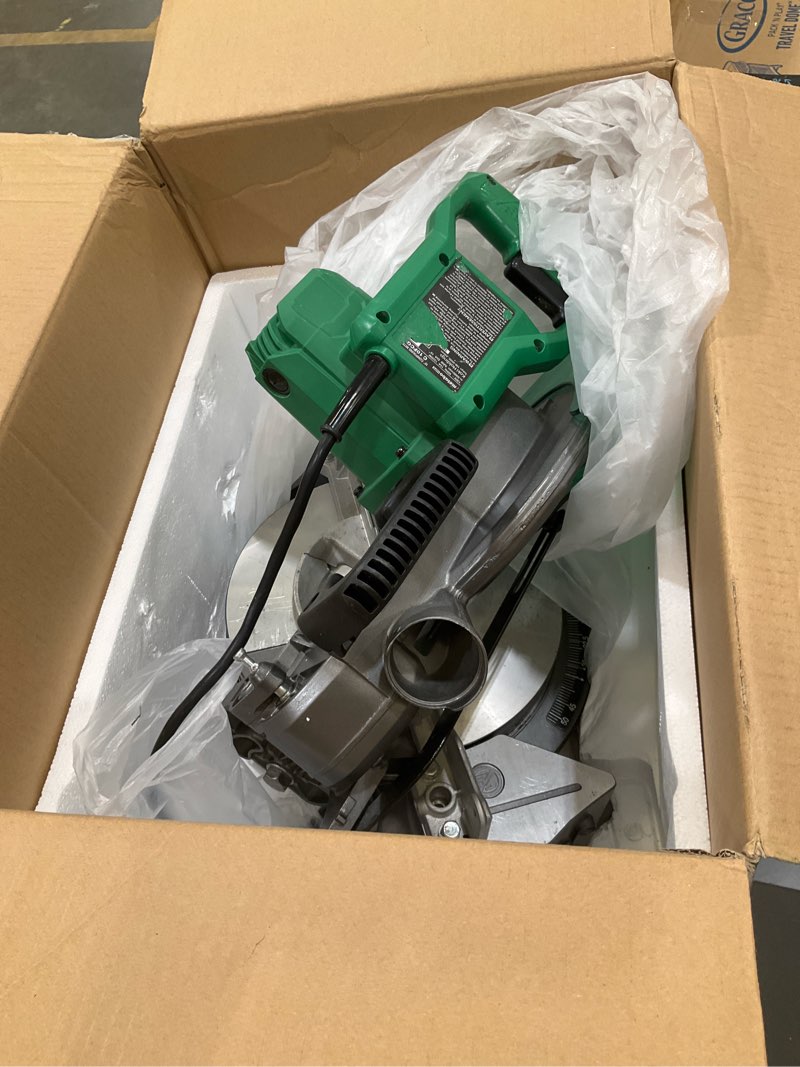 Condition photo showing As Is for metabo hpt 10-inch single bevel compound miter saw, 15-amp power saw with xact cut shadow line, precision miter angles, single bevel 0-45°, 40t tct miter saw blade, lightweight design, c10fcg2 c10fcg2 - next gen model