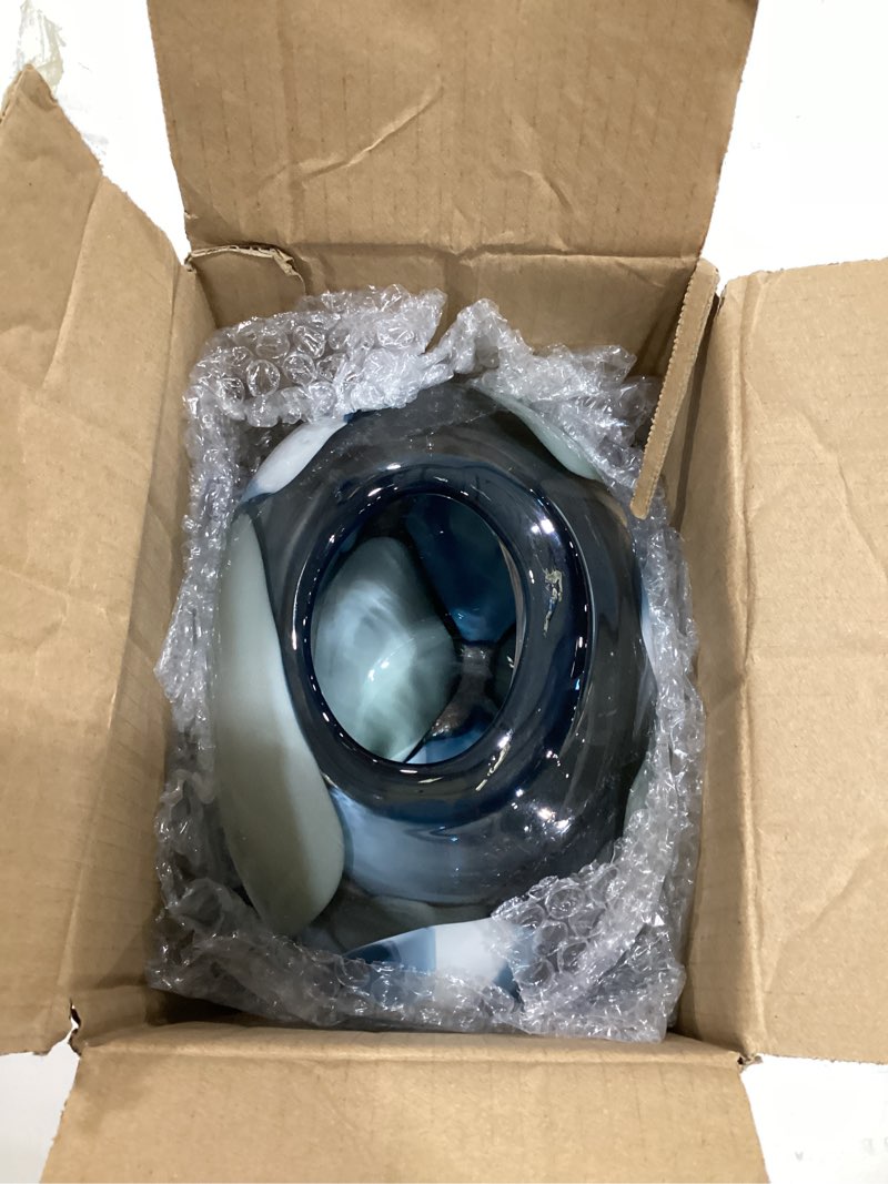Condition photo showing New/Like New for hand blown blue glass vase, 8.5 in round wide mouth blue gray vase, decorative glass vase for flowers, coastal home decor centerpiece for table, shelf, entryway, in the bathroom, or living room 8.5in