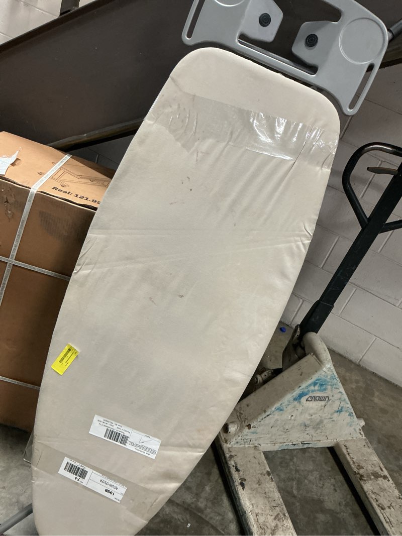 Condition photo showing As Is for seymour home products adjustable height, 4 leg ironing board with mesh top and iron rest, space gray