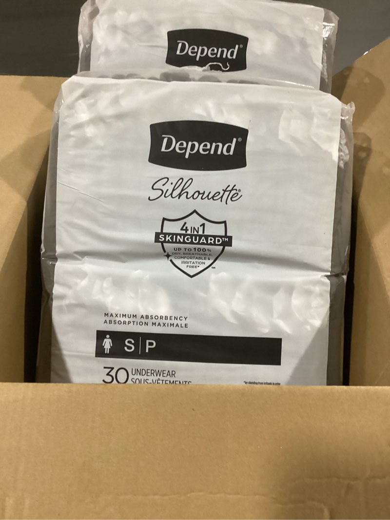 Condition photo showing As Is for depend silhouette adult diapers, incontinence & postpartum bladder leak underwear for women, maximum absorbency, small, black, 60 count (2 packs of 30), packaging may vary black small 60