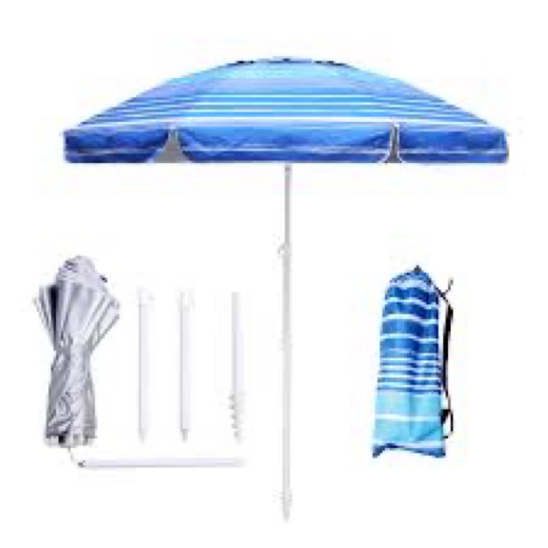 6.5ft Beach Umbrella - Heavy Duty Wind Resistant UV 50+ Portable Sun Shade with Sand Anchor & Carry Bag, Outdoor Folding Umbrella for Beach, Pool, Patio, Garden Blue and White 