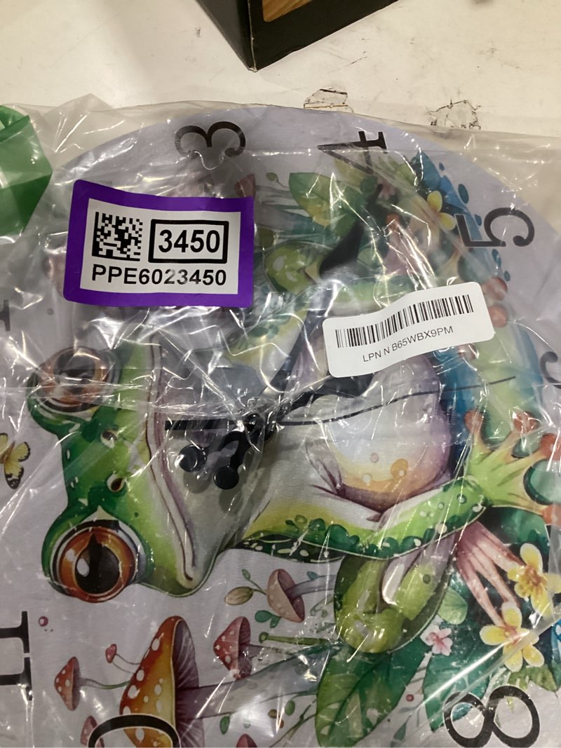 Condition photo showing As Is for chgcraft frog mushrooms flowers pattern wall clock 12 inch non-ticking clocks round wall hanging clock battery operated for bedroom living room kitchen office