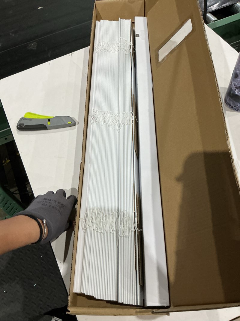 Condition photo showing As Is for allen + roth trim at home 2-in slat width 35-in x 72-in cordless white faux wood room darkening horizontal blinds