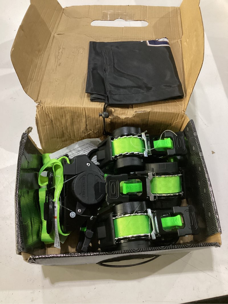 Condition photo showing Good Condition for retractable ratchet straps heavy duty tie down 1''*12ft breaking strength 1760lbs cargo securing system,for motorcycle,utv,atv,trailer(neon green,4pack) neon green 4pack