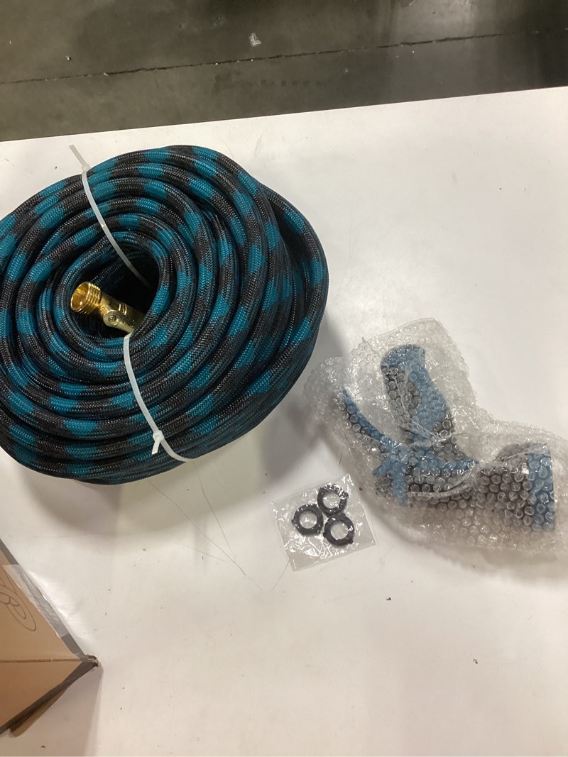 Condition photo showing New/Like New for gardentime 100ft non-expandable garden hose, heavy duty flexible water hose with leakproof 3/4" fittings 10 modes spray nozzle, kink-free, lightweight & durable for yard, lawn, garden & outdoor use 100ft blue and black