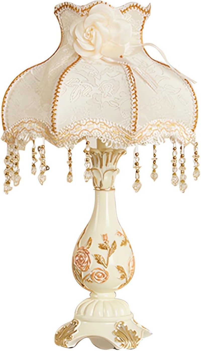 white classical table lamp european resin desk lamp handmade fabric lampshade with antique flower decorative bedside night light for bedroom living room study room (d11.8*h19.6(a style