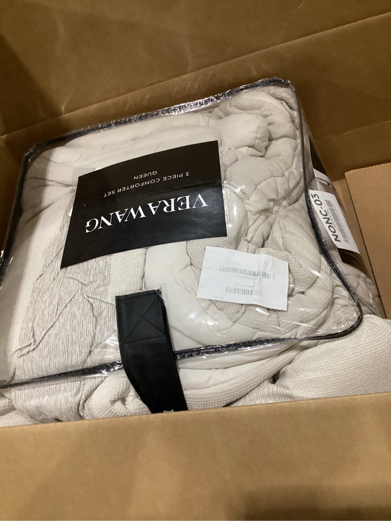 Condition photo showing As Is for vera wang - queen comforter set, premium cotton bedding set with matching shams, chic room essentials, oeko-tex certified (chenille waffle stripe beige, queen) queen chenille waffle stripe beige